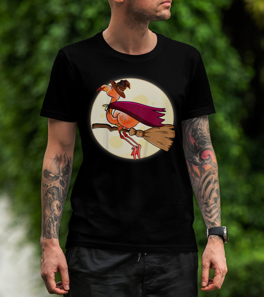 Funny Flamingo Witch Halloween Costume Colorful Lovers Broomstick Moon Hat T-Shirt