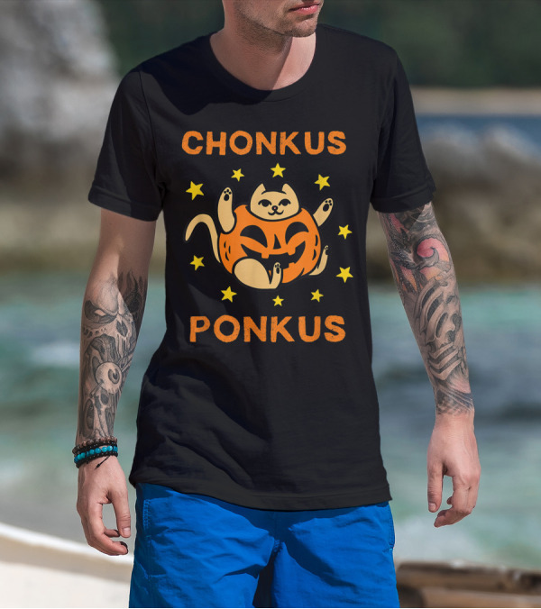 Chonkus Ponkus Funny Halloween Pumpkin Chubby Cat With Stars T-Shirt