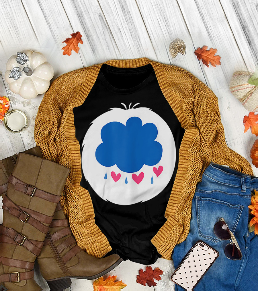 Grumpy Care Bear Blue Cloud with Hearts and Raindrops T-Shirt