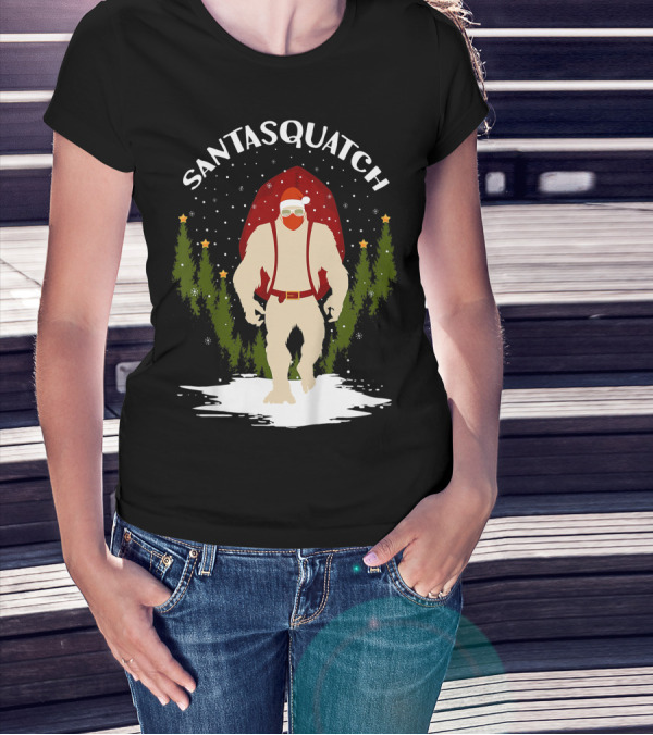 Santasquatch Bigfoot Christmas Santa Hat With Trees And Snowflakes T-Shirt