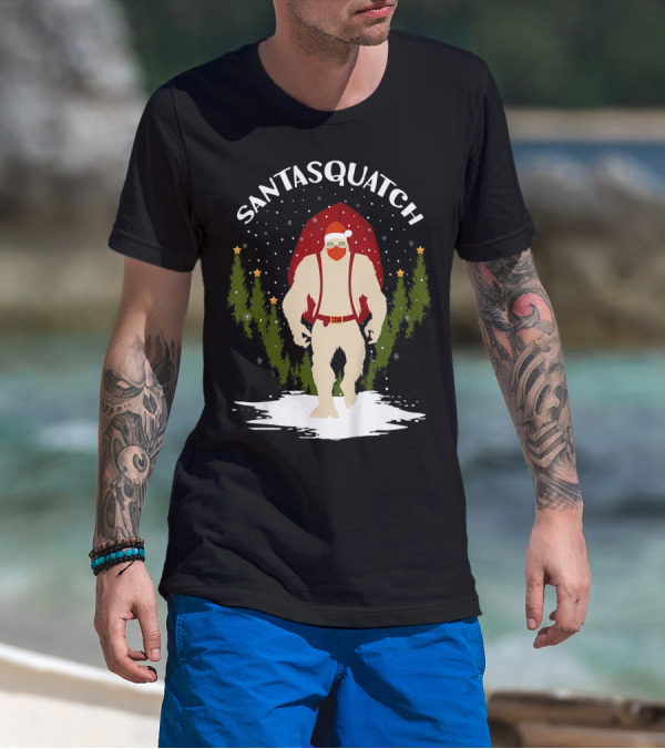 Santasquatch Bigfoot Christmas Santa Hat With Trees And Snowflakes T-Shirt