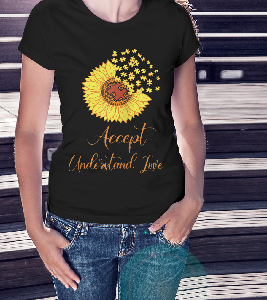 Sunflower Autism Awareness Month Accept Understand Love Puzzle Piece T-Shirt
