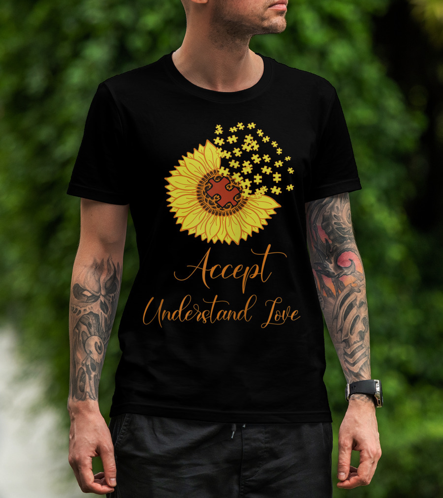 Sunflower Autism Awareness Month Accept Understand Love Puzzle Piece T-Shirt