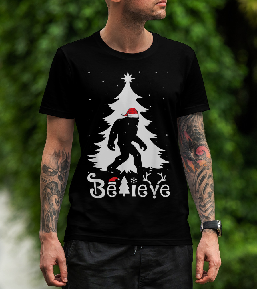 Believe Bigfoot Christmas Santa Hat Snowflakes T-Shirt