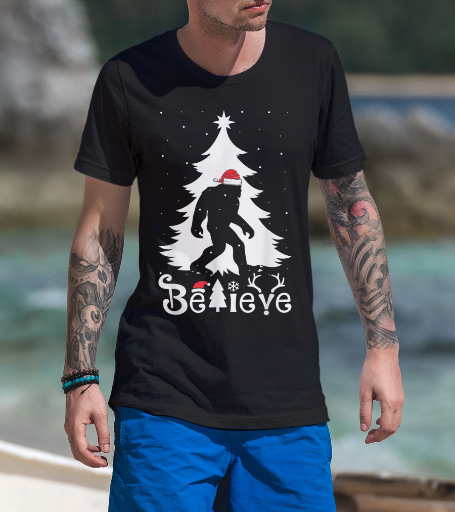 Believe Bigfoot Christmas Santa Hat Snowflakes T-Shirt