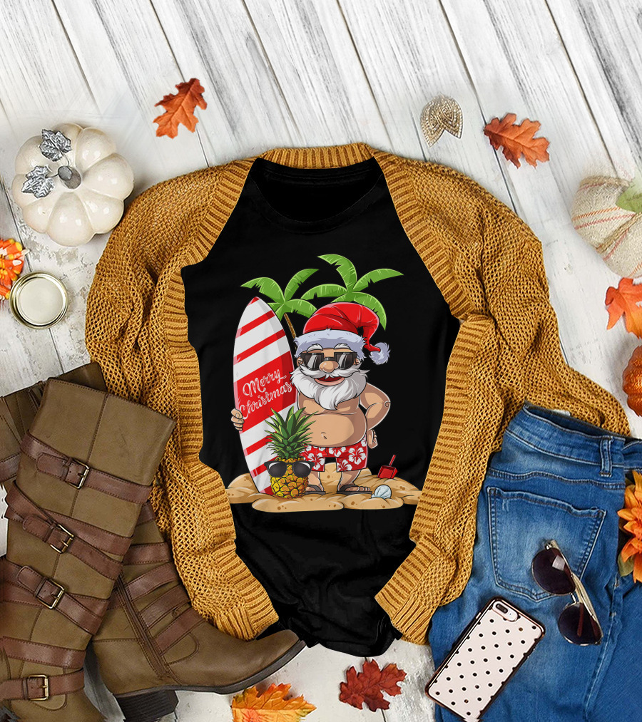 Merry Christmas Santa Hawaiian Surfing Summer Fun Pineapple Beach T-Shirt