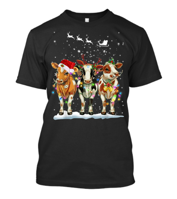 Cow Reindeer Hat Santa Christmas Light Sleigh Snowflakes T-Shirt