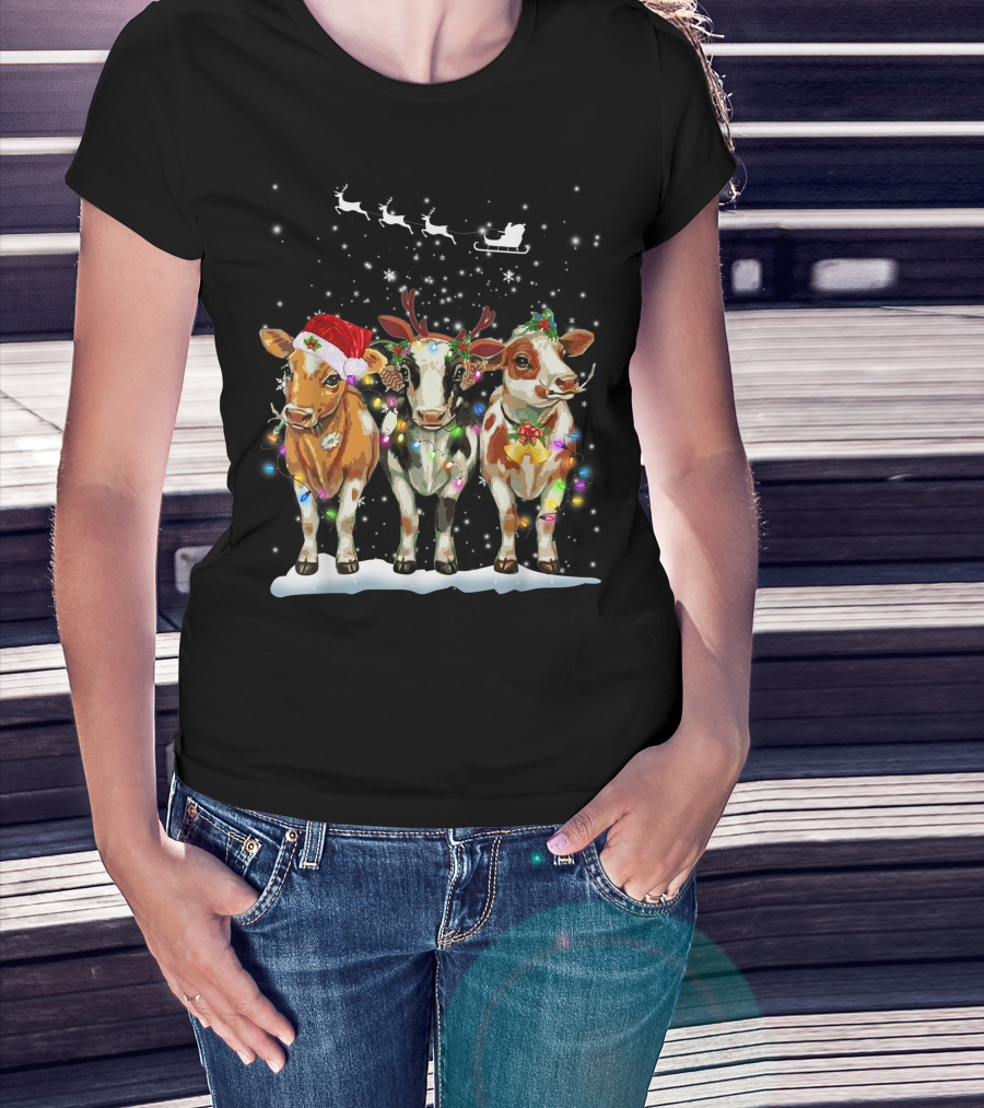 Cow Reindeer Hat Santa Christmas Light Sleigh Snowflakes T-Shirt