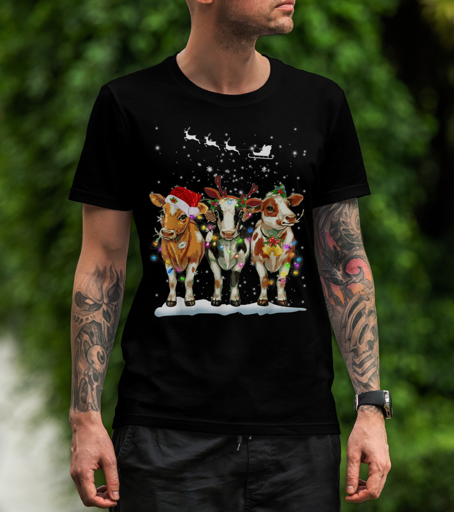 Cow Reindeer Hat Santa Christmas Light Sleigh Snowflakes T-Shirt