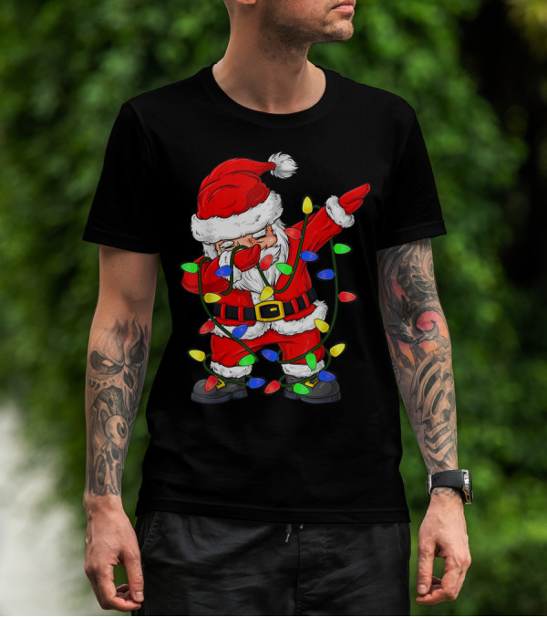 Dabbing Santa Claus Wrapped In Christmas Tree Lights T-Shirt