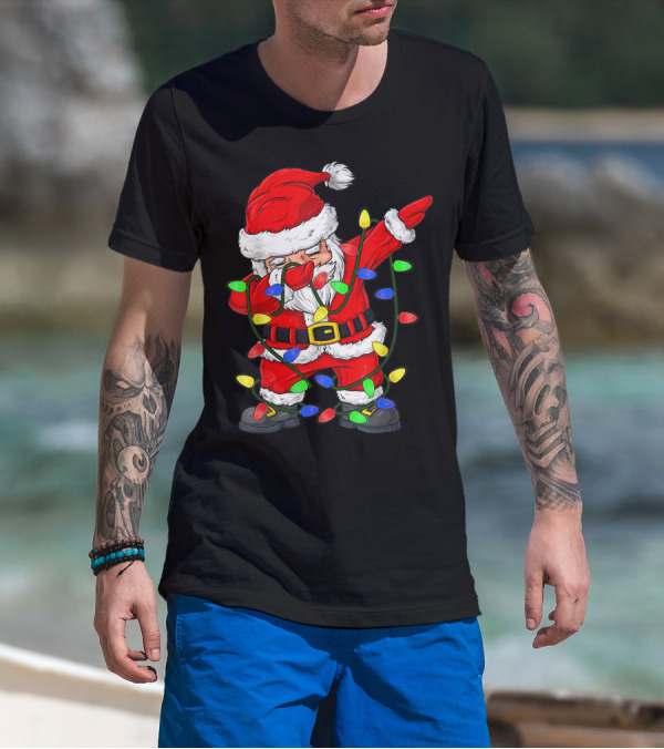 Dabbing Santa Claus Wrapped In Christmas Tree Lights T-Shirt