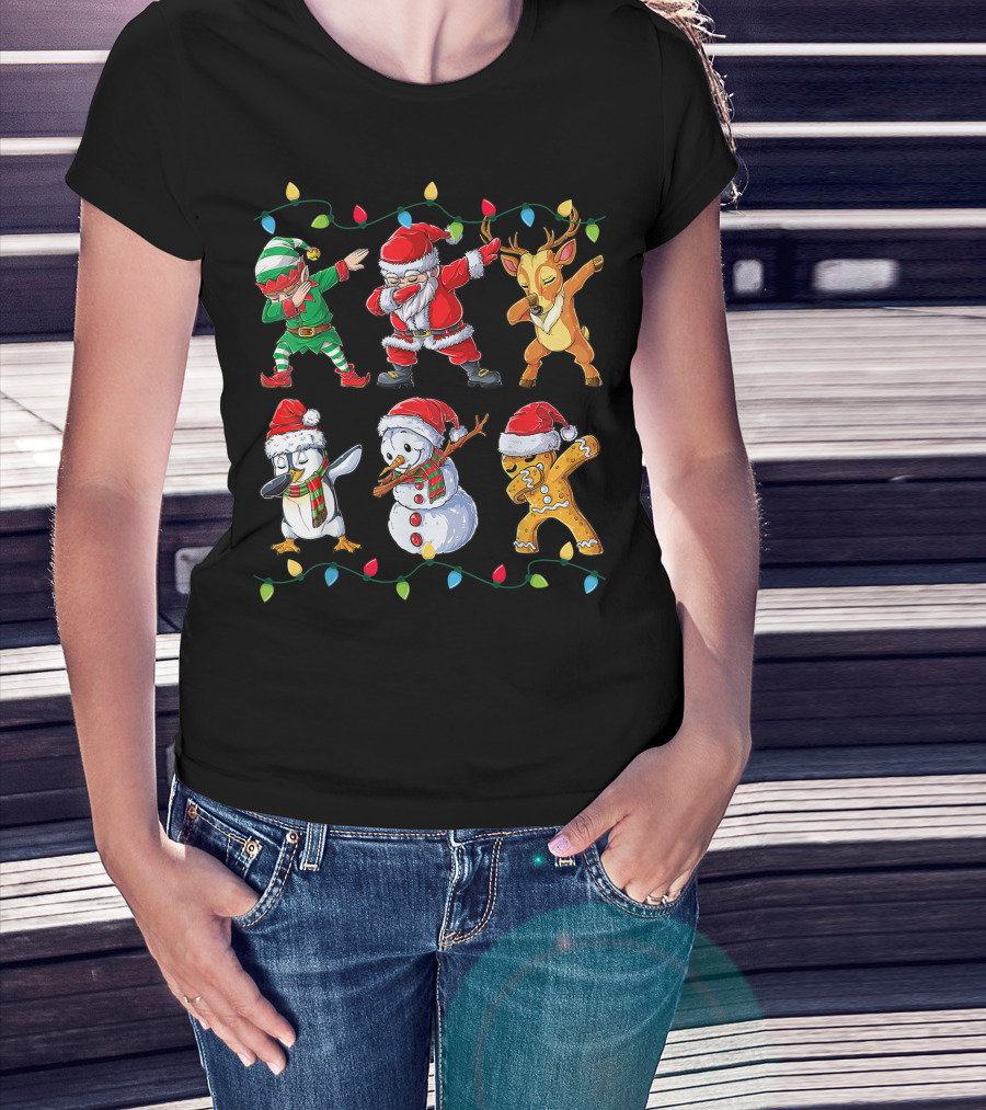 Dabbing Santa Claus Elf Reindeer Penguin Snowman Gingerbread Friends Christmas Lights T-Shirt