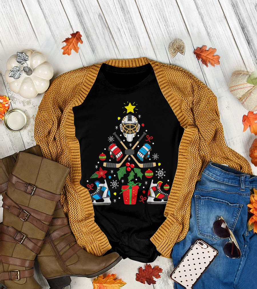Ice Hockey Christmas Ornament Tree with Skates and Goalie Mask T-Shirt