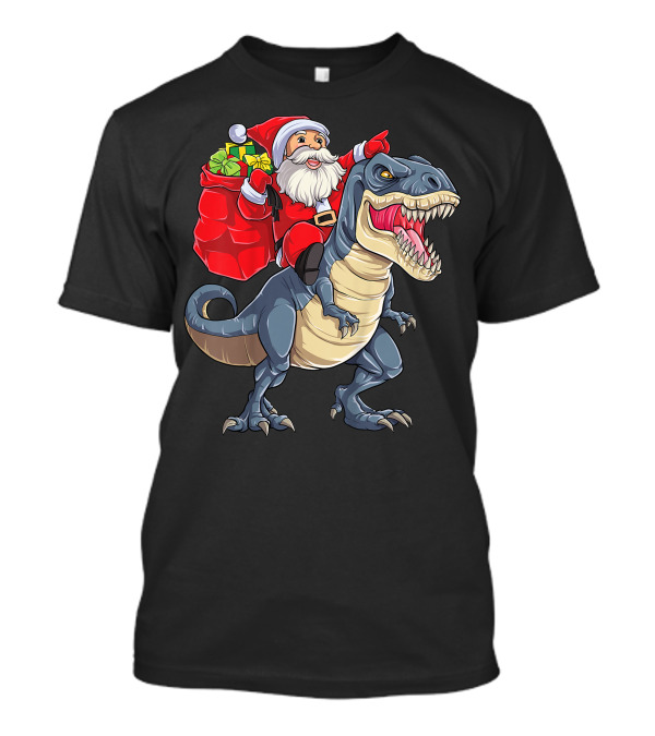 Santa Claus Riding T-Rex With Gifts T-Shirt