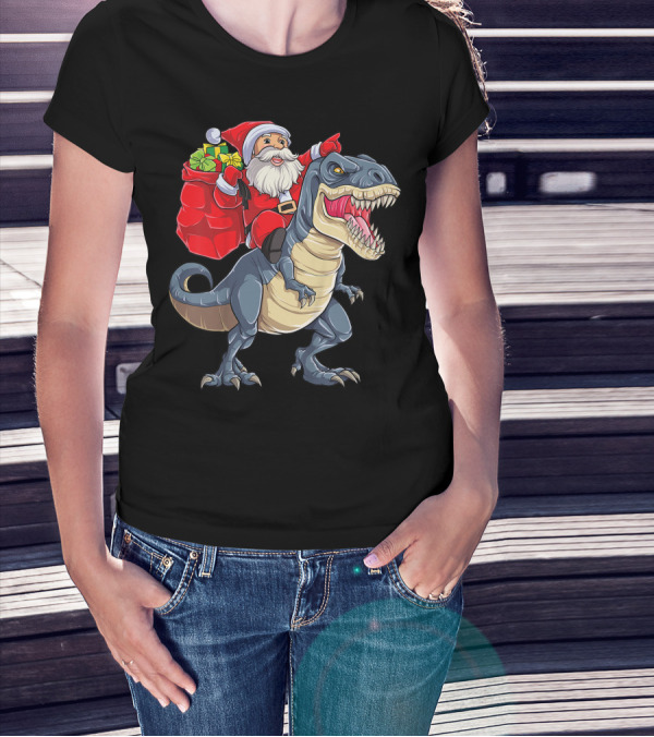 Santa Claus Riding T-Rex With Gifts T-Shirt