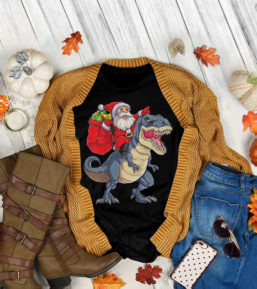 Santa Claus Riding T-Rex with Gifts T-Shirt