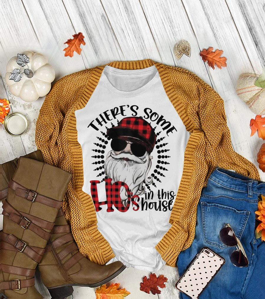 There's Some Hos in This House Funny Santa Claus Red Plaid Hat Sunglasses T-Shirt