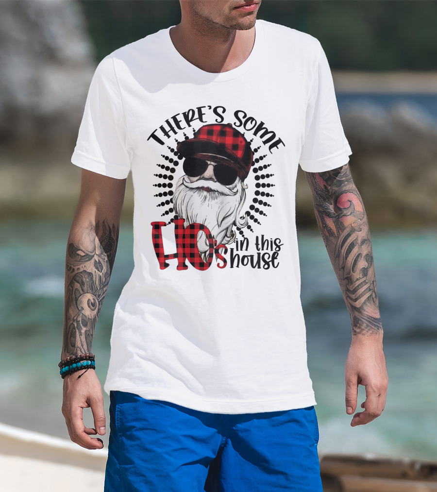 There's Some Hos In This House Funny Santa Claus Red Plaid Hat Sunglasses T-Shirt