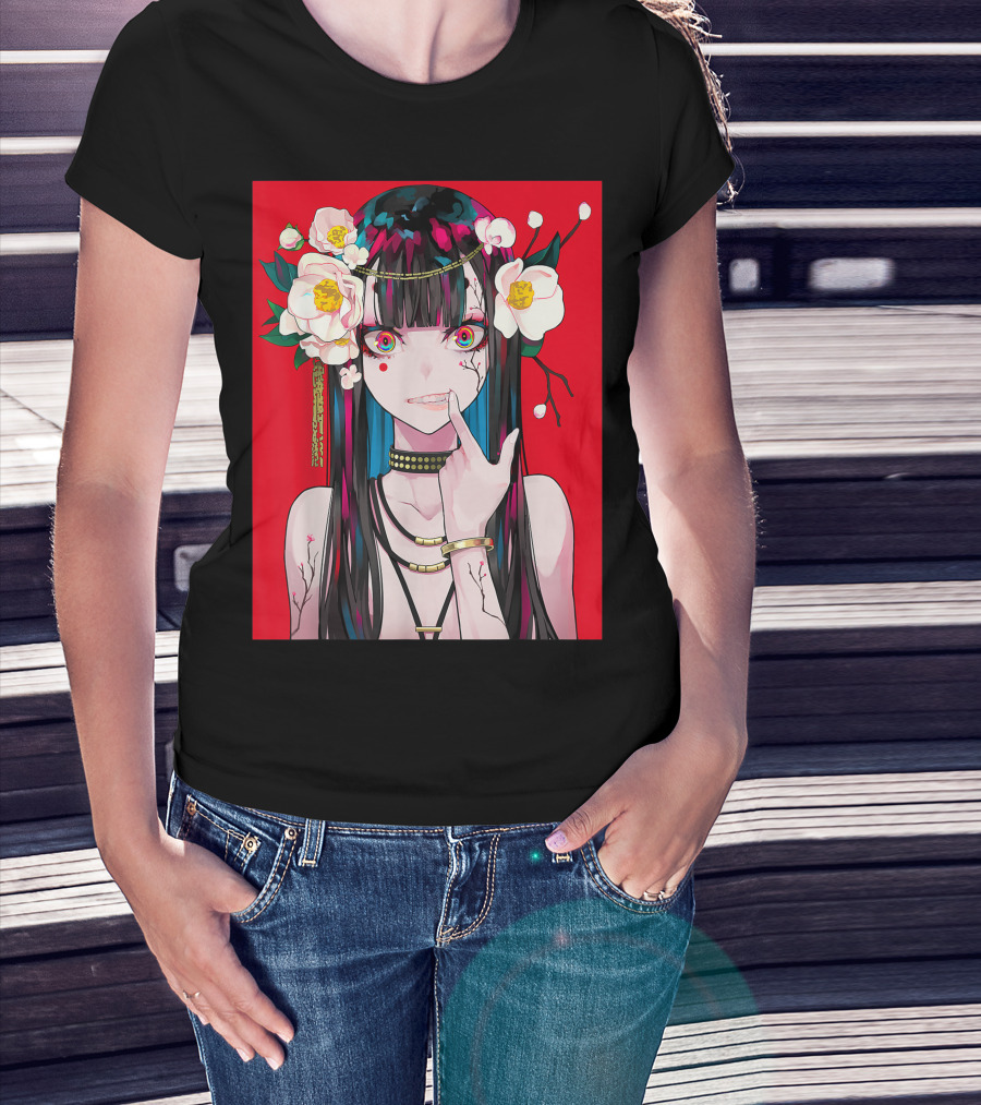 Anime Girl Japanese Aesthetic Otaku Red Background Flowers T-Shirt