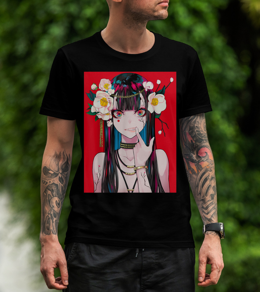 Anime Girl Japanese Aesthetic Otaku Red Background Flowers T-Shirt