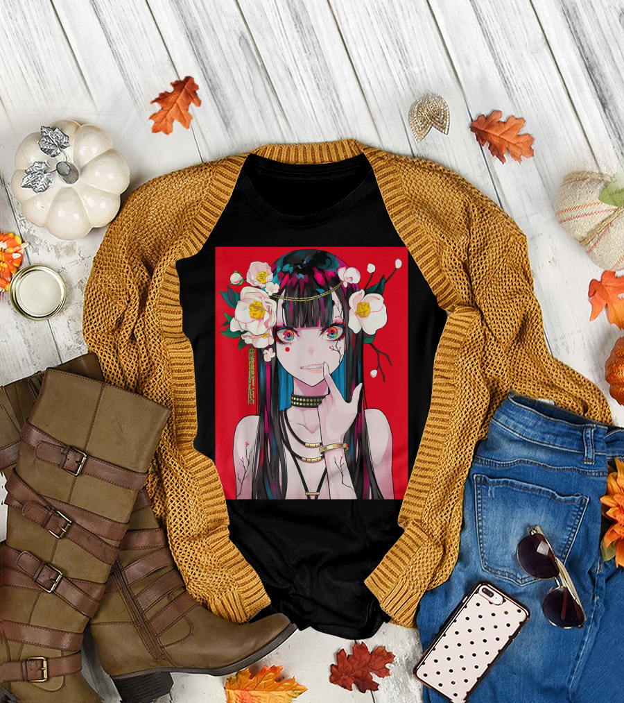 Anime Girl Japanese Aesthetic Otaku Red Background Flowers T-Shirt