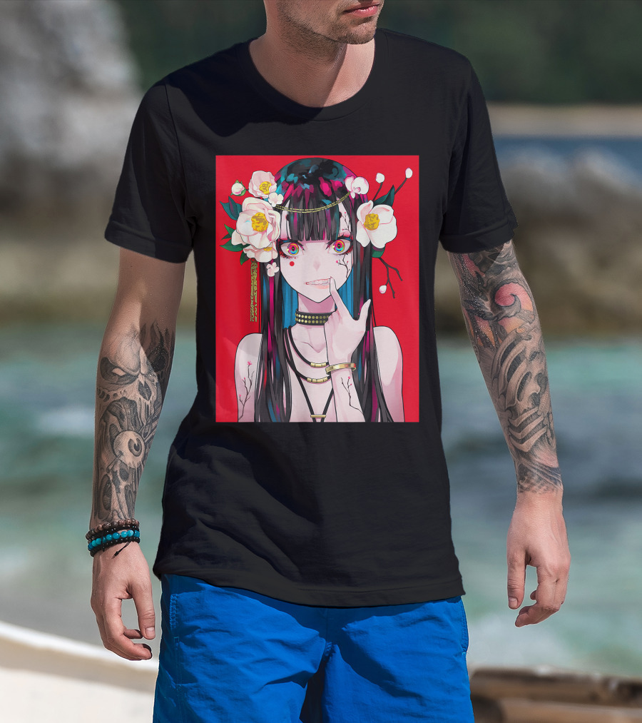 Anime Girl Japanese Aesthetic Otaku Red Background Flowers T-Shirt