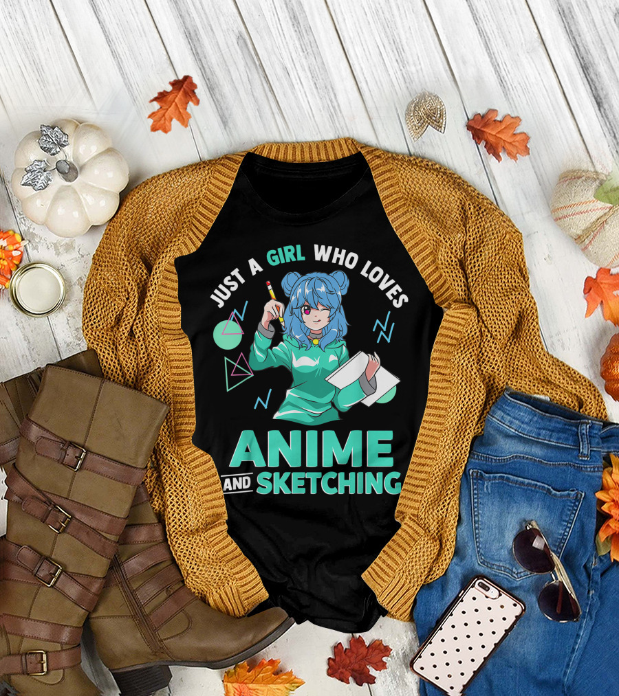 Just A Girl Who Loves Anime and Sketching Drawing Blue Hair Manga Style Character with Pen and Paper T-Shirt