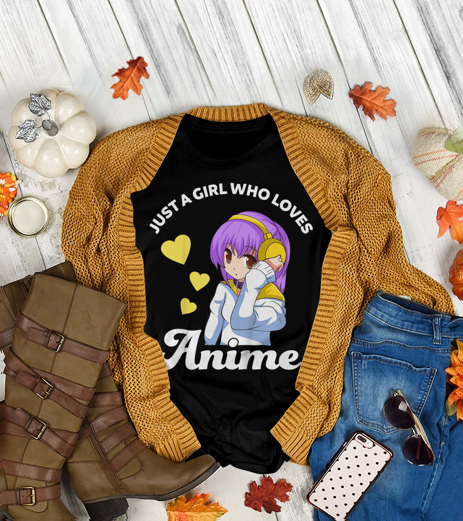 Just A Girl Who Loves Anime Manga Anime Anime Headphones Girl with Hearts T-Shirt