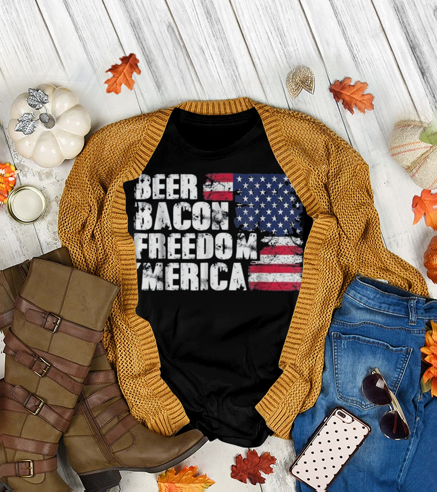 Beer Bacon Freedom Merica American Flag Patriotic T-Shirt