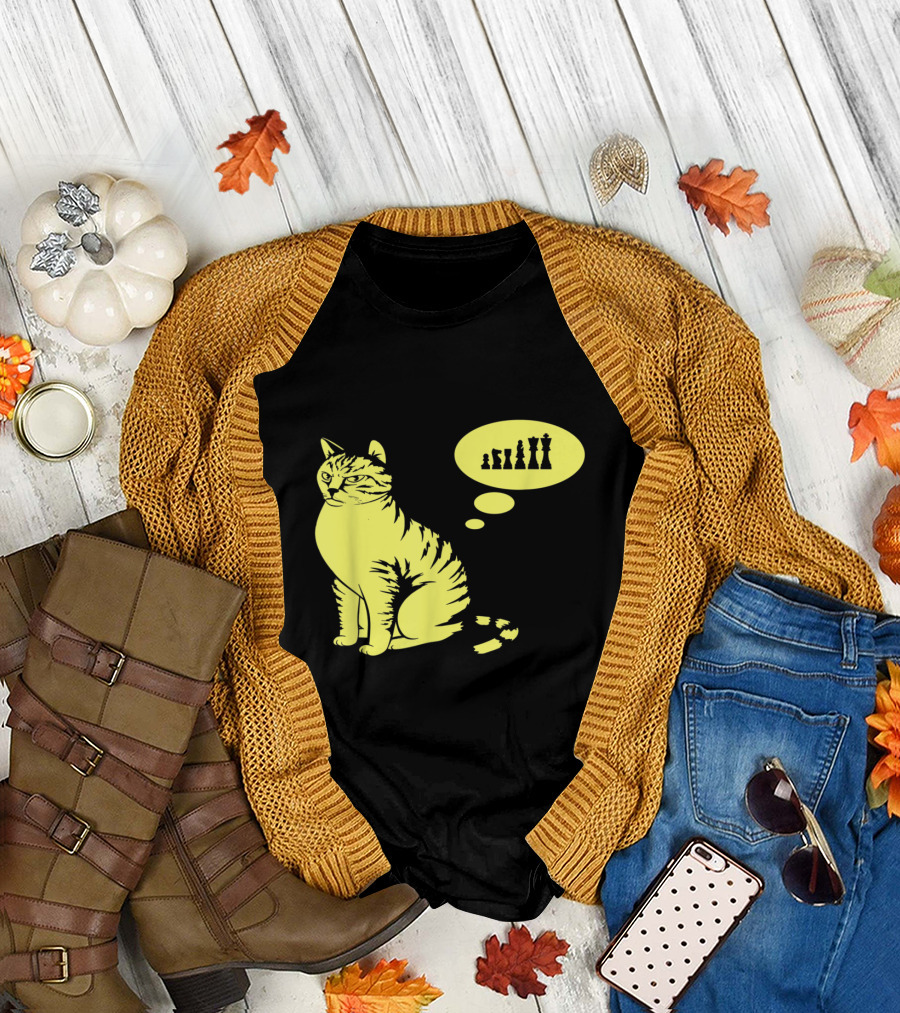 Cat Contemplating Chess Pieces Thinking Bubble T-Shirt