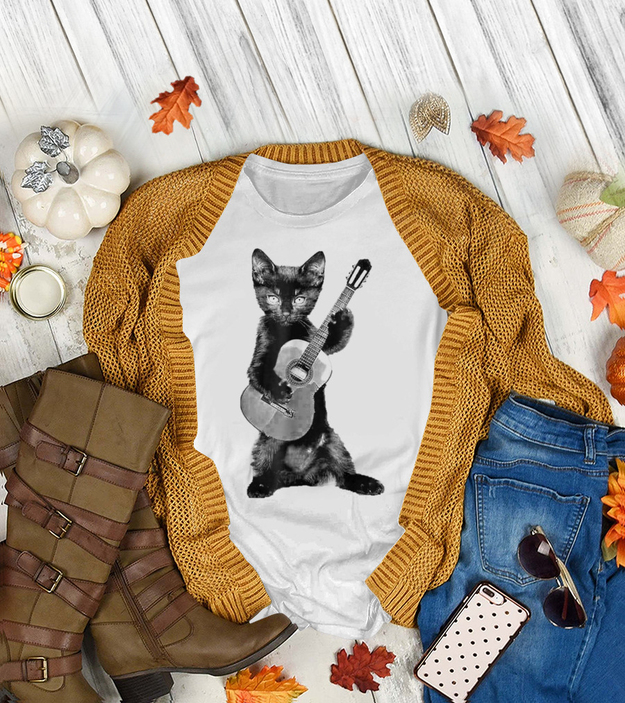 Kitten Holding Guitar with Whimsical Cat Charm T-Shirt
