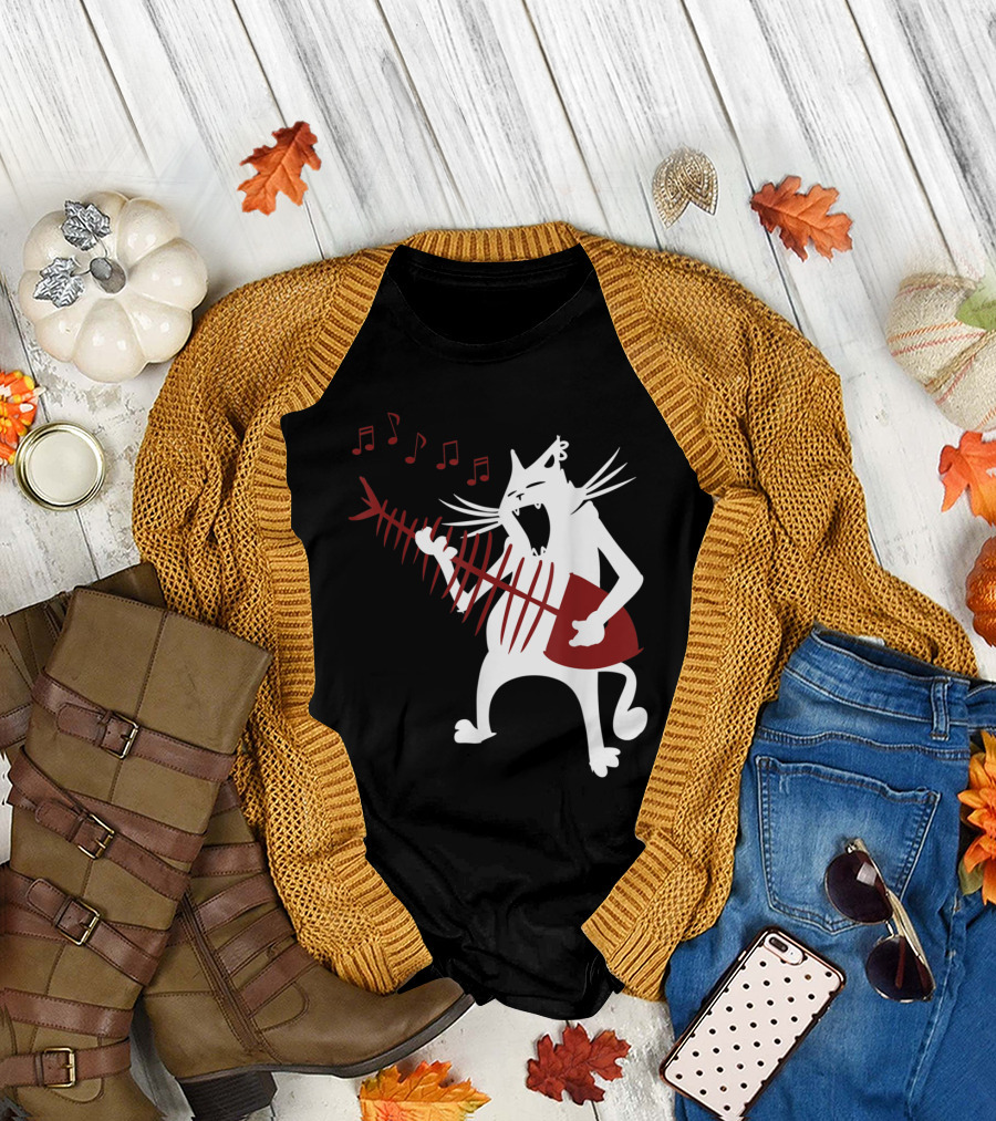 Cat Rocking Out with Fish Bone Guitar and Musical Notes T-Shirt