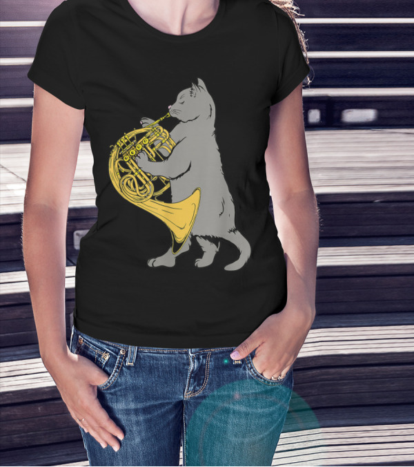 Cat Playing French Horn Cool Musical Cat With Brass Instrument T-Shirt
