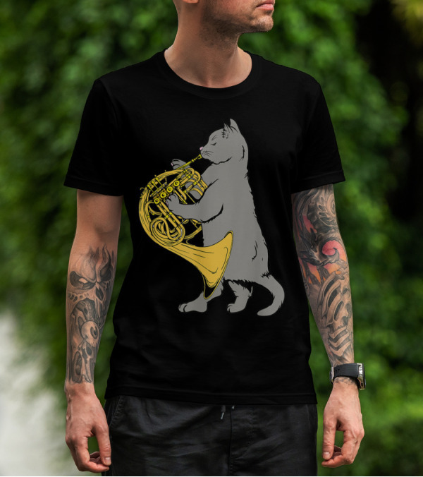 Cat Playing French Horn Cool Musical Cat With Brass Instrument T-Shirt