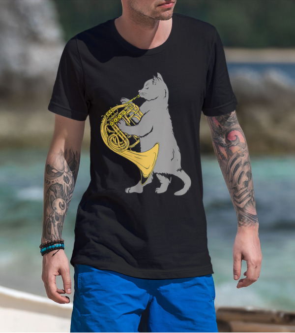 Cat Playing French Horn Cool Musical Cat With Brass Instrument T-Shirt