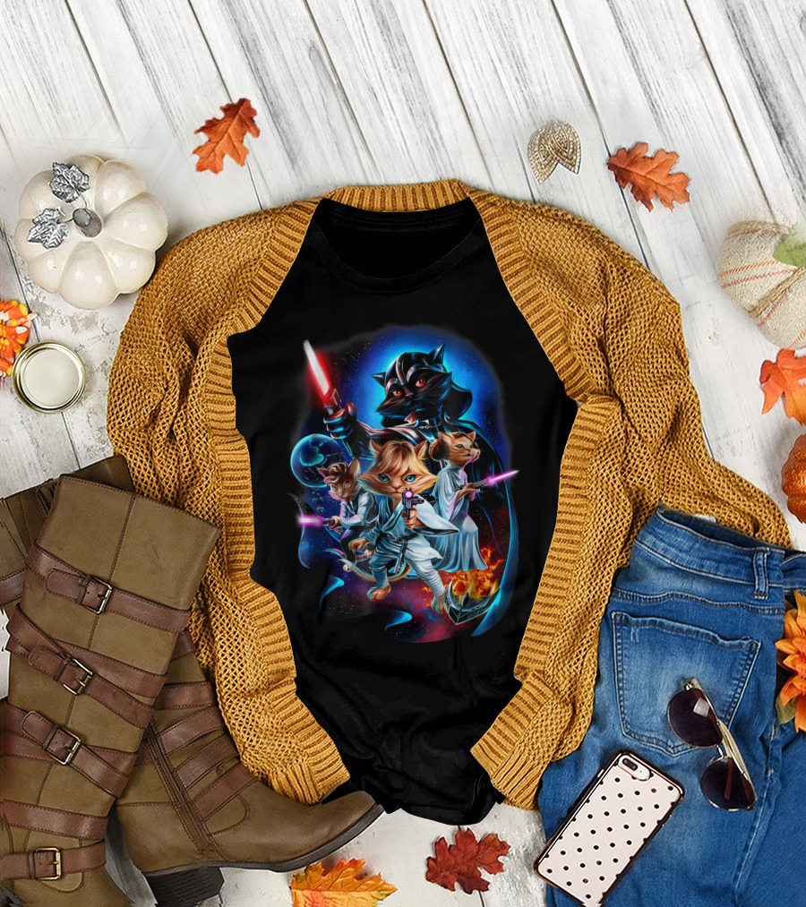 Epic Cat Galaxy Battle with Sci-Fi Light Swords and Space Adventure T-Shirt
