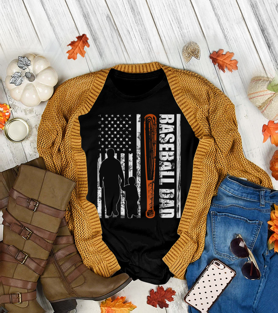 Baseball Dad American Flag with Bat and Father-Child T-Shirt