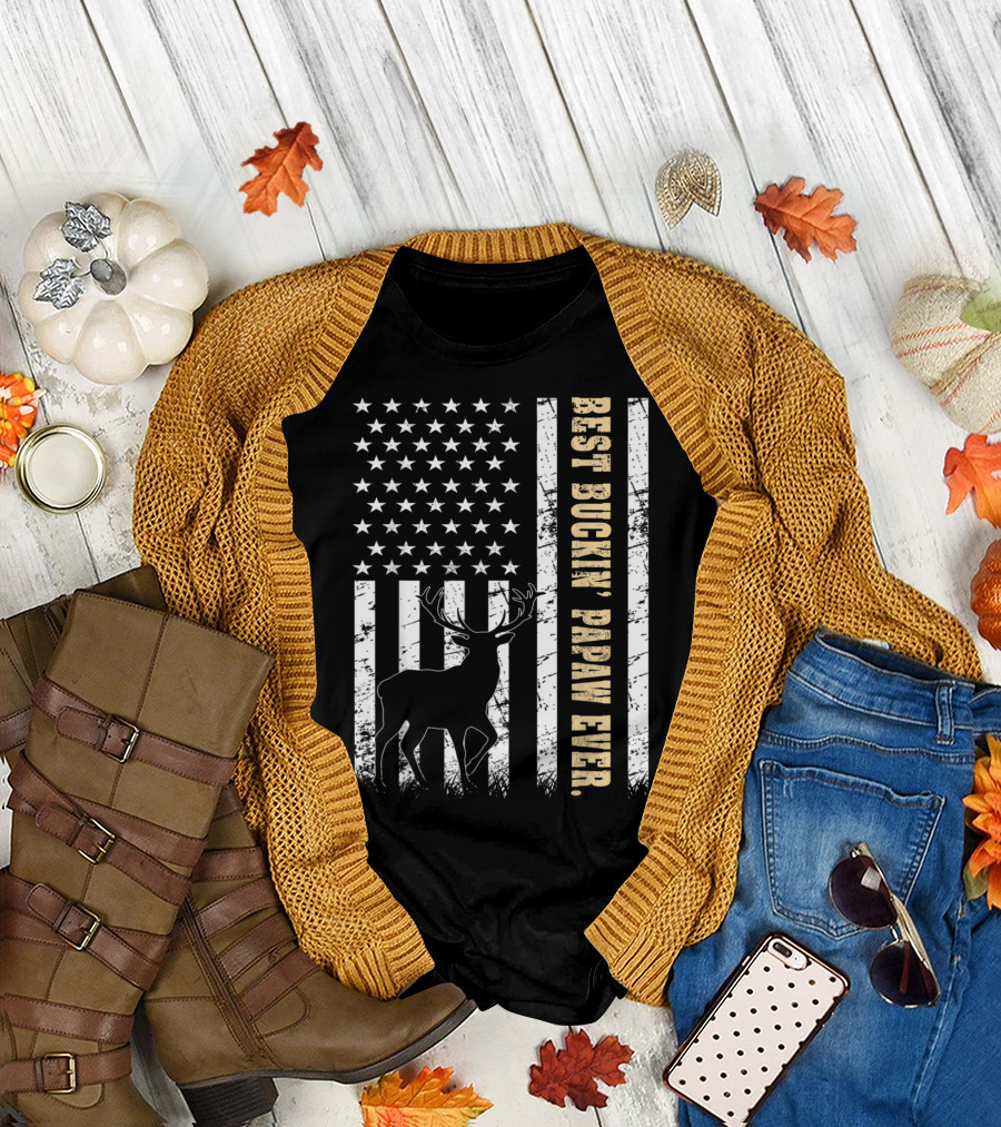 Distressed American Flag with Deer Silhouette and Best Buckin' Papaw Ever T-Shirt