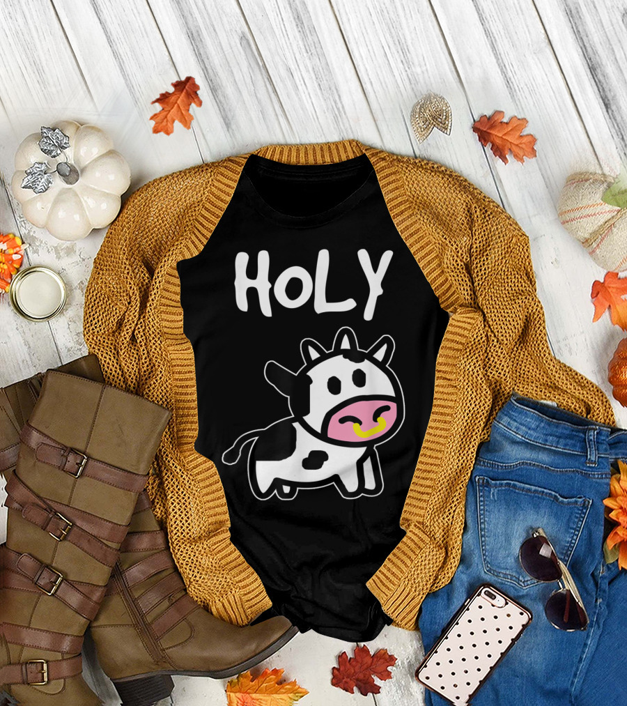 Holy Cow Funny Farmer Cow Cute Cartoon Playful Expression T-Shirt