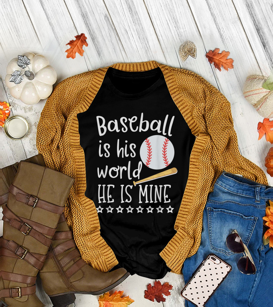 Baseball is His World He is Mine with Bat and Stars Iconography T-Shirt