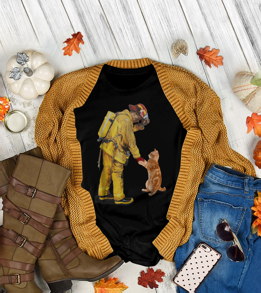 Firefighter in Yellow Gear Shaking Hands with Orange Cat T-Shirt