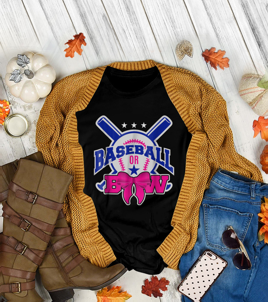 Baseball or Bow Baby Pregnant Gender Reveal Theme with Stars and Crossed Bats T-Shirt