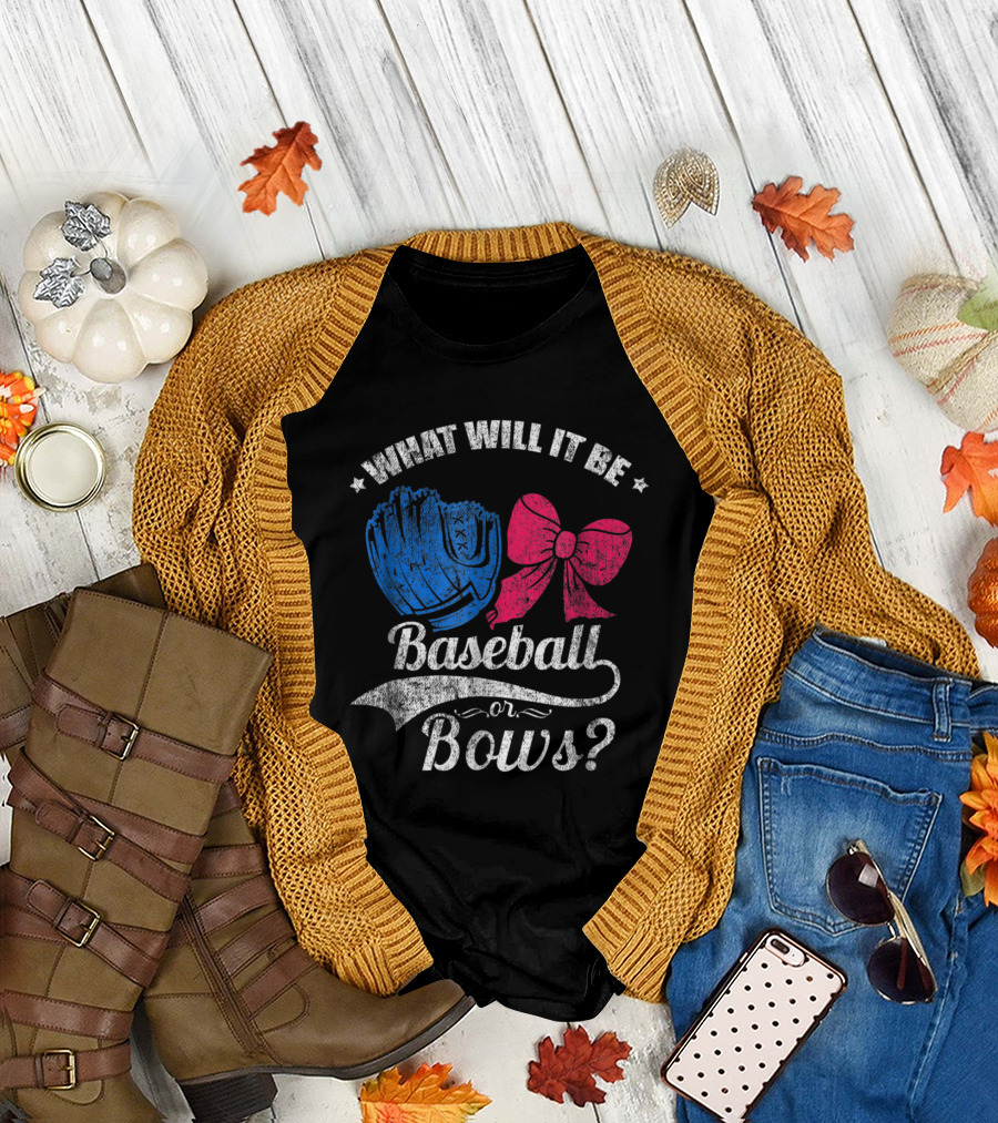 What Will It Be Baseball or Bows Gender Reveal Pregnancy T-Shirt