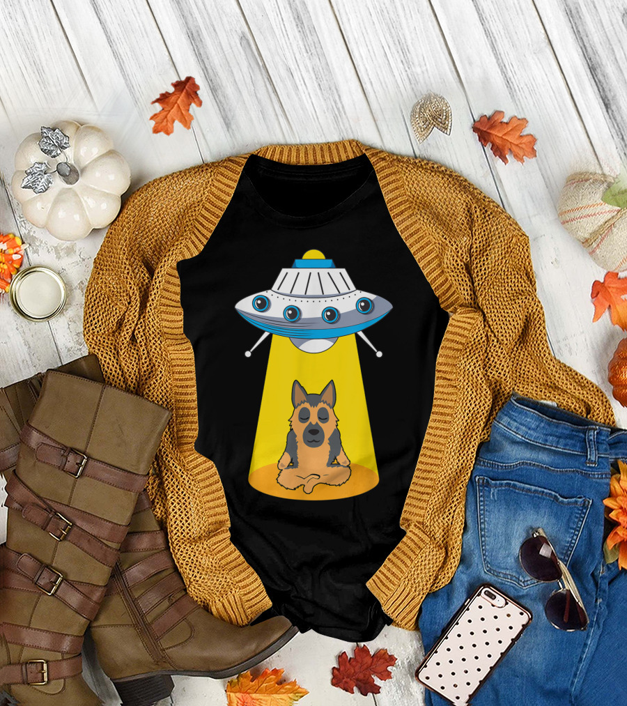 UFO Beaming Up Meditating German Shepherd Alien Humor T-Shirt