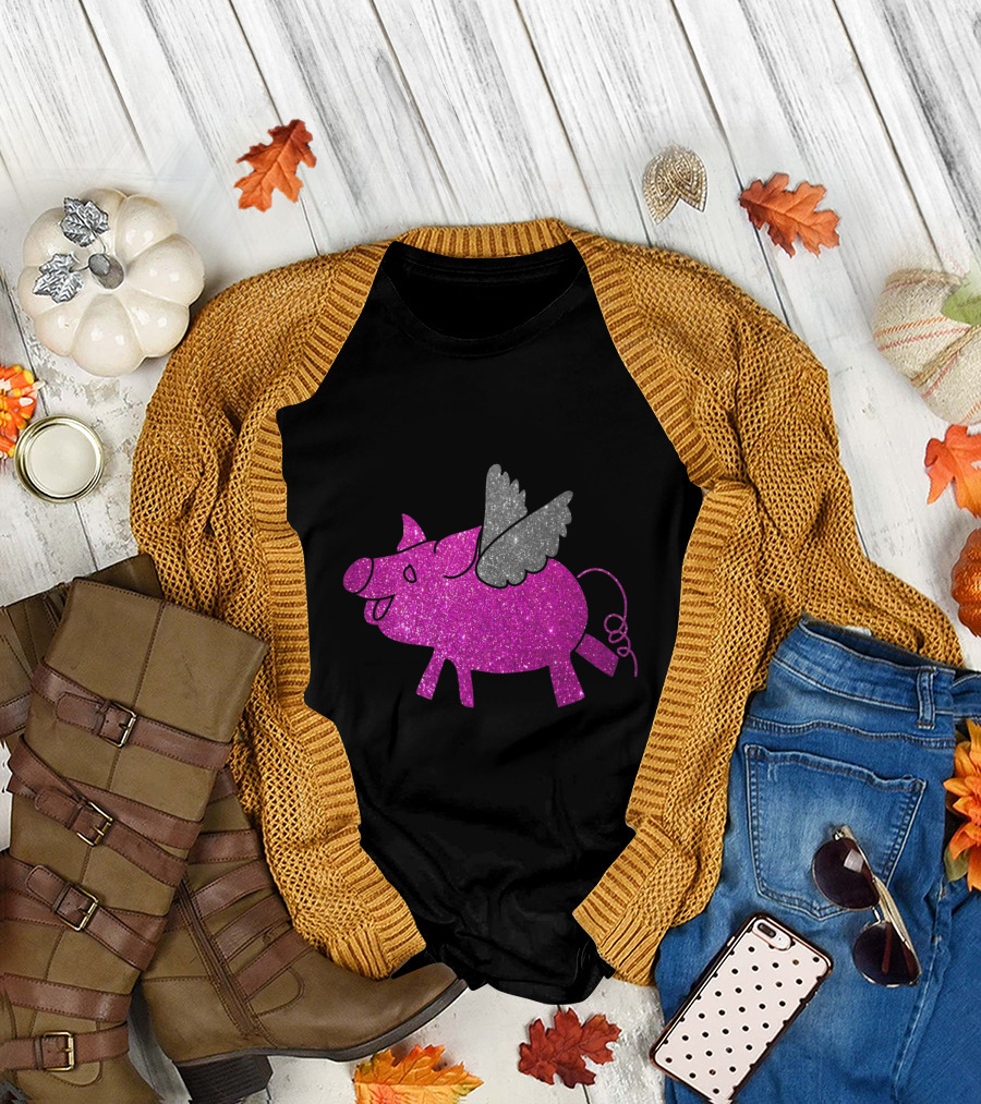 Flying Pigs Glitter Pink with Silver Wings T-Shirt