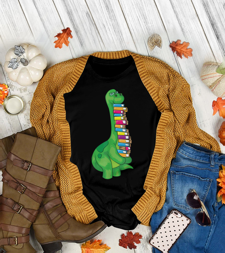 Dinosaur with Lots of Books Cool Reading Dinosaur Stack T-Shirt