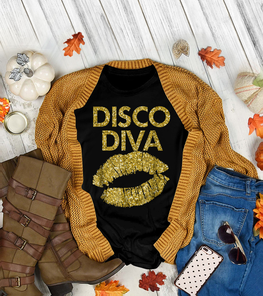 Disco Diva Women Ladies Kiss Glitter Gold Lips T-Shirt