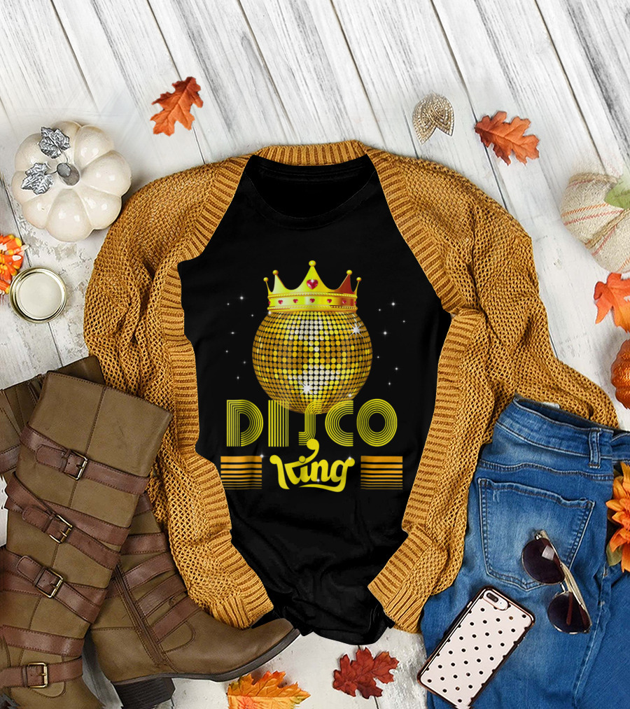 Disco King 1970s Vintage Dance Party Golden Crown and Glittering Disco Ball T-Shirt