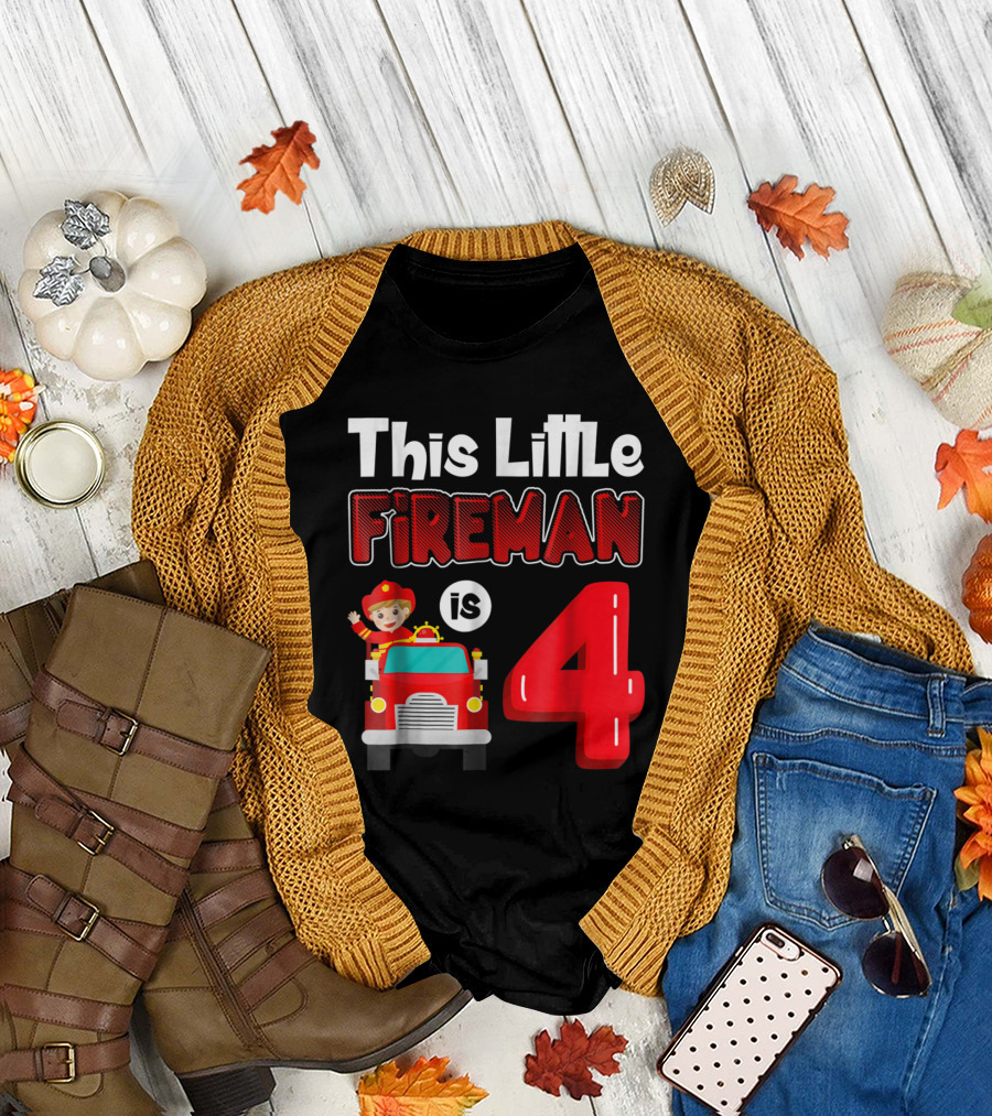 This Little Fireman Is 4 Birthday Boy Firefighter Fireman T-Shirt