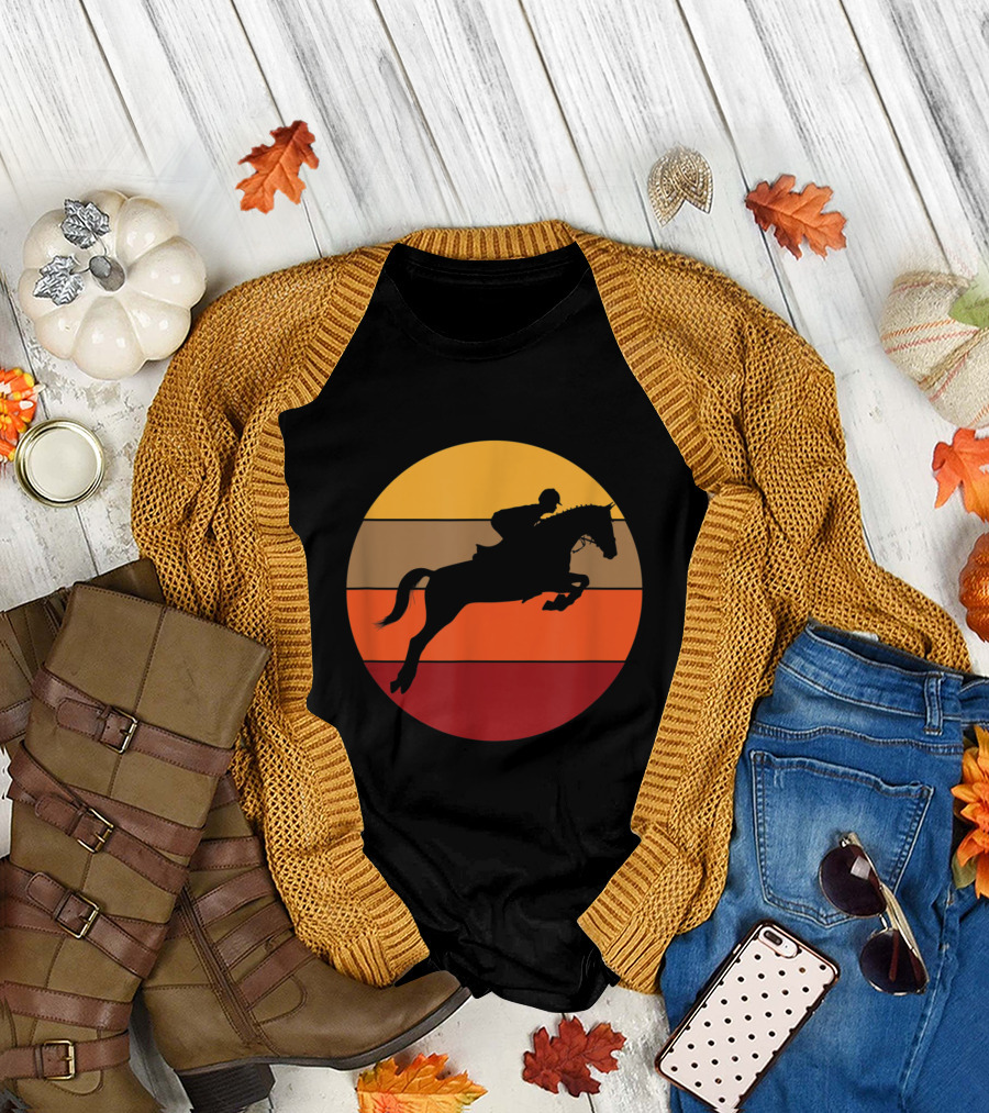 Equestrian Sunset Silhouette Horse Rider Retro Stripe T-Shirt